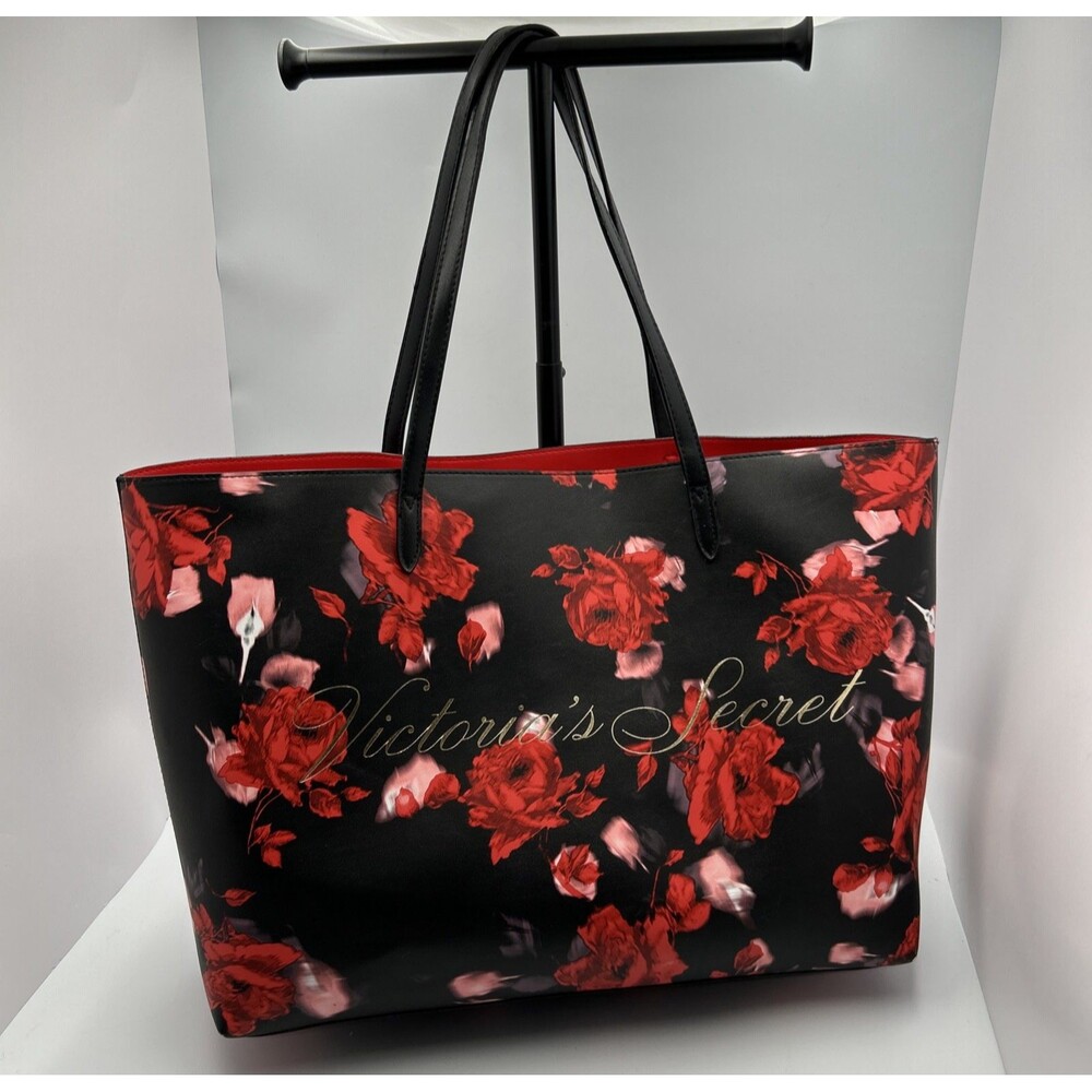 Victoria's Secret Floral Rose Print Tote Bag Black/Red with Red Lining Logo